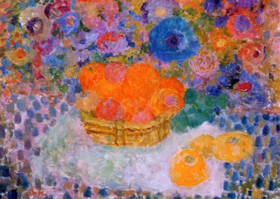 Fruit Basket with Hollyhocks