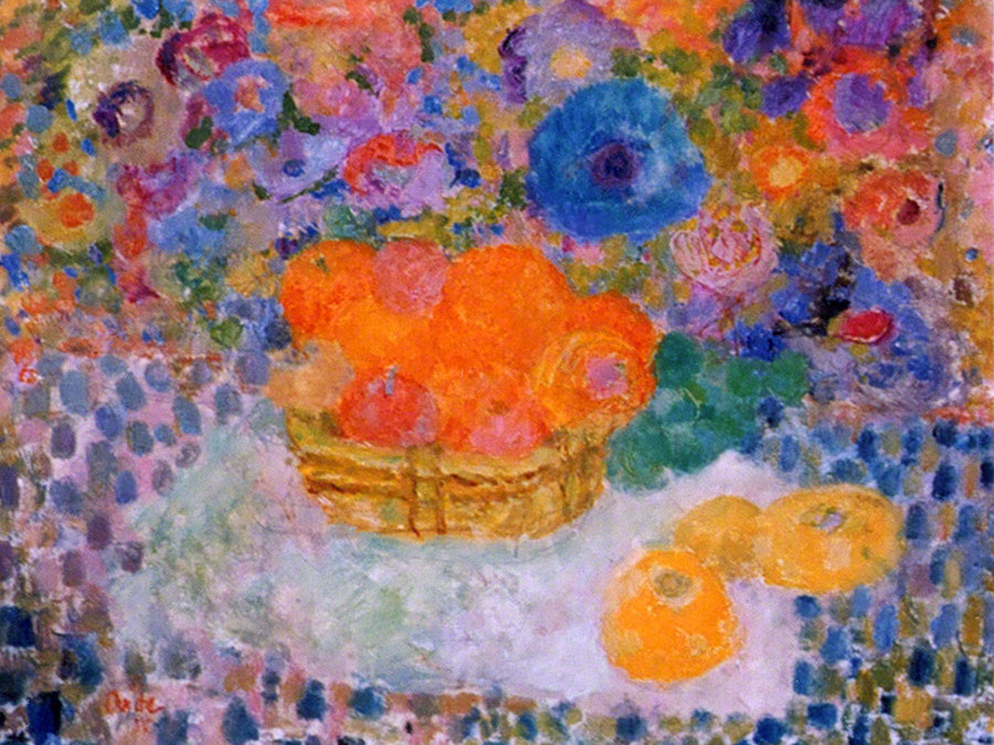 Fruit Basket with Hollyhocks